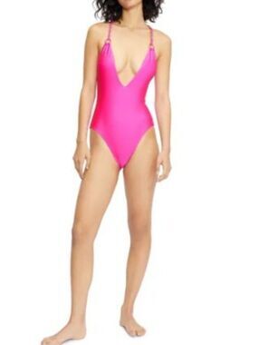 Ted Baker London One Piece Swimsuit High Cut Women M Hot Pink Chain Strap Glam